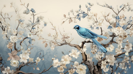 niebieski ptak siedzacy na gałezi na drzewie pełnym białych i błekitnych kwiatów. na jasnym tle - obrazy, fototapety, plakaty