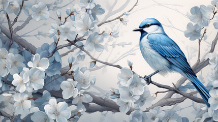 niebieski ptak siedzacy na gałezi na drzewie pełnym białych i błekitnych kwiatów. na jasnym tle