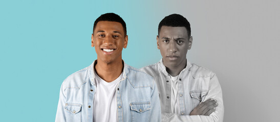 Smiling, angry, sad millennial african american guy suffer from depression, stress