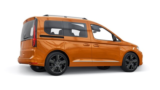 Germany, Berlin. October 24, 2023. Volkswagen Caddy 2022. Orange compact passenger microbus based on a car on a white background. 3d rendering.