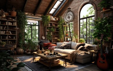 A living room with height ceiling. Loft with lots of plants, brick walls, eastern motives