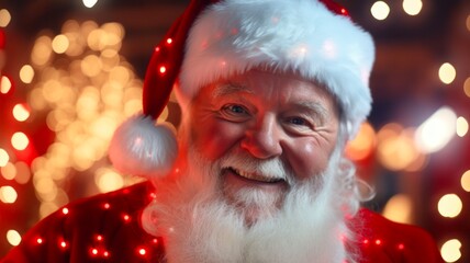 Smiling Santa Claus with Sparkling Christmas Lights in the Background and a Bushy Beard and Hat on His Old Face Celebrating the Holidays with His Bright and Joyful Eyes