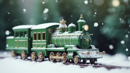Obraz premium Cute Green Train Delivering Toys in the Snow for Christmas New Year Greeting Card Concept on Green Copy Space Background