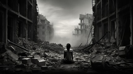 destroyed street a woman crying with her knees - obrazy, fototapety, plakaty