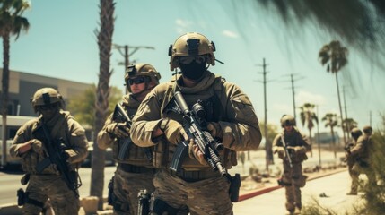 dozen delta force soldiers with rifles guarding