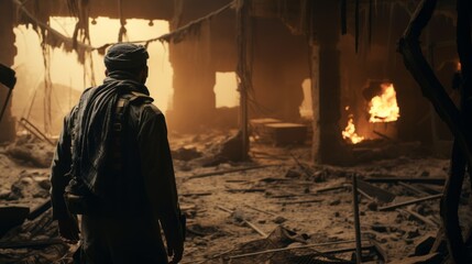 Arab military man walks through a destroyed house - obrazy, fototapety, plakaty