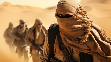 Arab terrorists in the desert in poor equipment