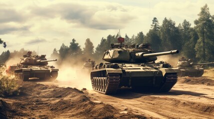 Fototapeta premium multiple tanks on the ground during war