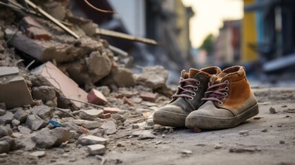 small childs shoe standing on ruins of city