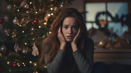 Christmas Stress: Worried Woman by Festive Tree - obrazy, fototapety, plakaty
