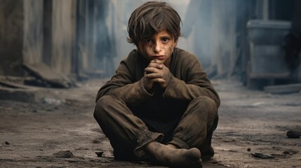 Fototapeta na wymiar Hebrew boy who sitting on a ruined street destroyed by war