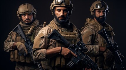 Fototapeta premium Three man in tactical equipment arabian features