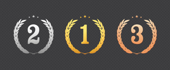Gold, Silver, Bronze medals Vector. Badge set with First, Second, Third placement Achievement. Round Label With Wreath. Winner Prize. Competition Trophy