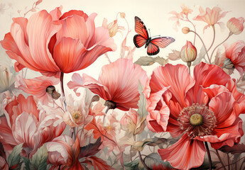 Akrylowe kwiaty i motyle przedstawiona na akrylowym obrazie. 