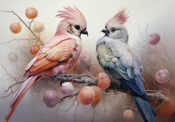 dwa kolorowe ptaki siedzące na gałezi z irokezem na głowie