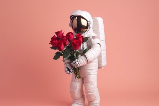 cute astronaut in shiny suit with helmet brings roses for Valentine's Day and Mother's Day. Generative AI