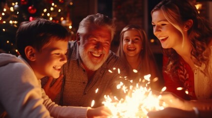 Obraz na płótnie Canvas Caucasian Family Celebrates Christmas and New Year's Eve with Sparklers and Festive Fun