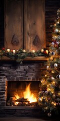 Fototapeta premium Charming Ceramic Christmas Tree with Warm Lights on Rustic Wood Mantle and Stone Fireplace