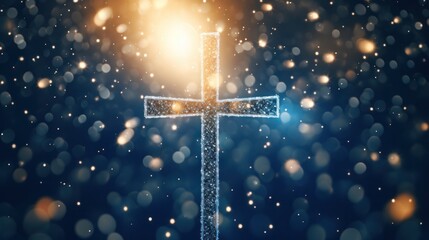 Christianity Celebration on Christmas: Blurry Bokeh Background with Catholic Wood Cross and Jesus Christ Stars Card - obrazy, fototapety, plakaty
