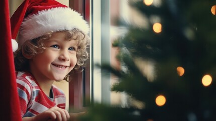 Cheerful Kid Dressed as Santa Claus with Mini Christmas Tree, Spreading Holiday Joy on Christmas Morning