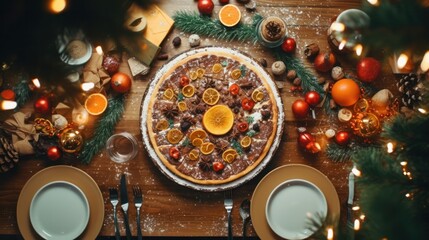 Christmas Brunch Delight: Rustic Table Setting with Homemade Pastry, Fruit, and Delicious Baked Goods, Complete with Festive Fir Branch Decorations and Copy Space