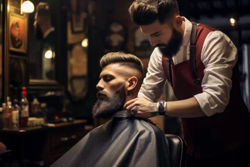 Fotobehang Handsome bearded man getting haircut by hairdresser while sitting in chair at barbershop. Hairstyle for modern man. © MNStudio