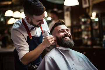 Handsome bearded man getting haircut by hairdresser while sitting in chair at barbershop. Hairstyle for modern man. - obrazy, fototapety, plakaty