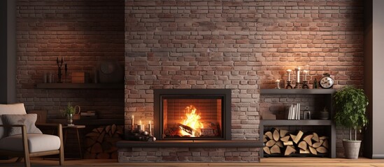 A brick fireplace with a vertical insert burner or furnace - obrazy, fototapety, plakaty