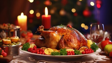 Christmas Roast Chicken with Festive Decoration on Traditional Wooden Platter: A Delicious Holiday Dish