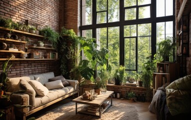 A living room with height ceiling. Loft with lots of plants, brick walls, eastern motives