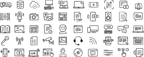 Obraz na płótnie Canvas Business Content Thin Line Icons set. Content icons Pixel perfect. Mobile, message, support, Digital gadgets and network