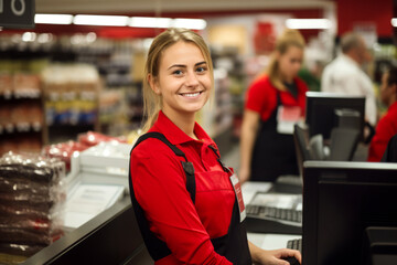 Beautiful young woman working at the counter of grocery shop. Pretty girl at the cash register. Employment options for young adults. - obrazy, fototapety, plakaty