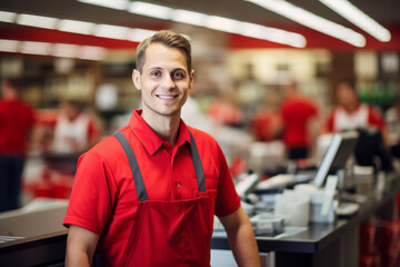 Handsome young man working at the counter of grocery shop. Nice guy at the cash register. Employment options for young adults.