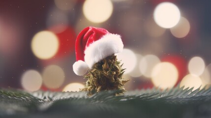 Closeup Celebration of Medical Cannabis: Santa Hat, CBD Christmas, and Decorative Ganja for Christmas Claus Concept - obrazy, fototapety, plakaty