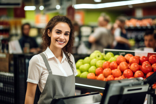 Beautiful young woman working at the counter of grocery shop. Pretty girl at the cash register. Employment options for young adults.