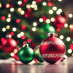 Fototapeta premium Close-UP of Christmas Tree, Red and Green Ornaments against a Defocused Lights Background