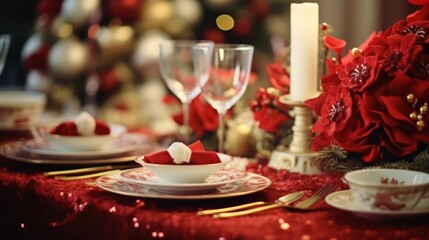 Obraz na płótnie Canvas Elegant Christmas Tablescape with Festive Decorations for Celebration and Catered Dinner Party