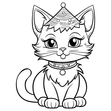 Smiling Cat Christmas Coloring Page for Kids