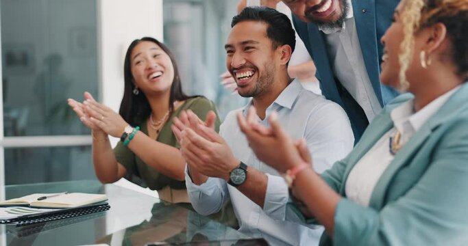 Success, winner and applause with business people and handshake for congratulations, celebration and achievement. Goal, feedback and deal with group employee praise for promotion, award and support