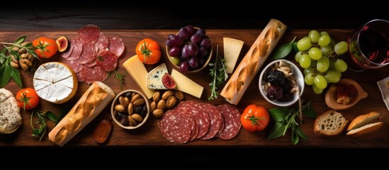 Mediterranean deli with antipasti wine and sandwiches overhead shot with space - obrazy, fototapety, plakaty