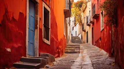 Red-painted alley in Guanajuato City Mexico - obrazy, fototapety, plakaty
