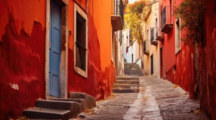 Fotobehang Red-painted alley in Guanajuato City Mexico © Neo