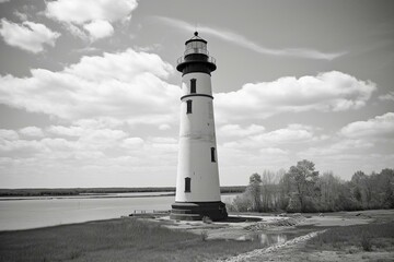 Black and white lighthouse in May 2020. Generative AI