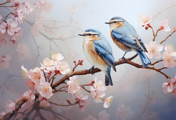 obraz przedstawiający dwa ptaki na gałezi w błekitne piurka