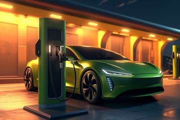 Charging electric vehicle at green energy station. Generative AI