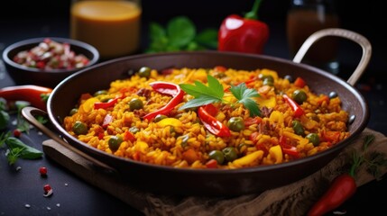 a pan of mixed vegetable paella on a sunny day cooking