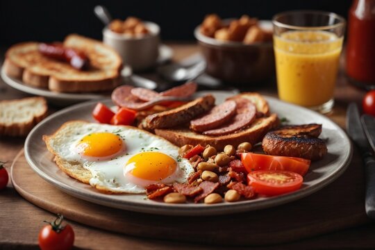 Full english breakfast with fried eggs, sausage, tomato, beans, toast and bacon on a plate 