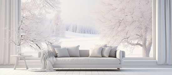Scandinavian interior design featuring a sofa and a winter landscape seen through a minimalist white room s window