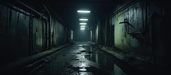 Dimly lit passageway in abandoned Soviet bunker with dark undertones - obrazy, fototapety, plakaty