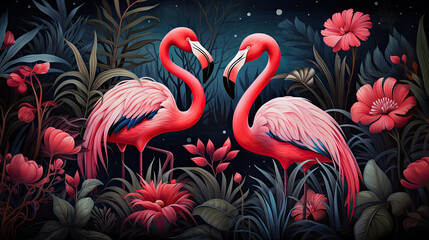 Swa różowe zakochane flamingi stojące w tropikalnym lesie.  - obrazy, fototapety, plakaty